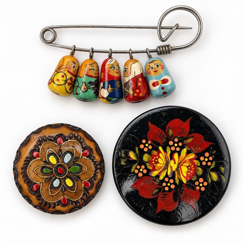 Vintage Russian Folk Art Brooch Lot 3 Matryoshka Floral Hand Painted